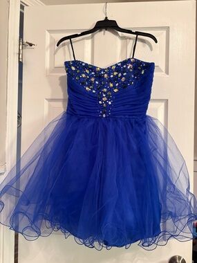 Deb Royal Blue Beaded Tulle Party Dress with Spaghetti Straps